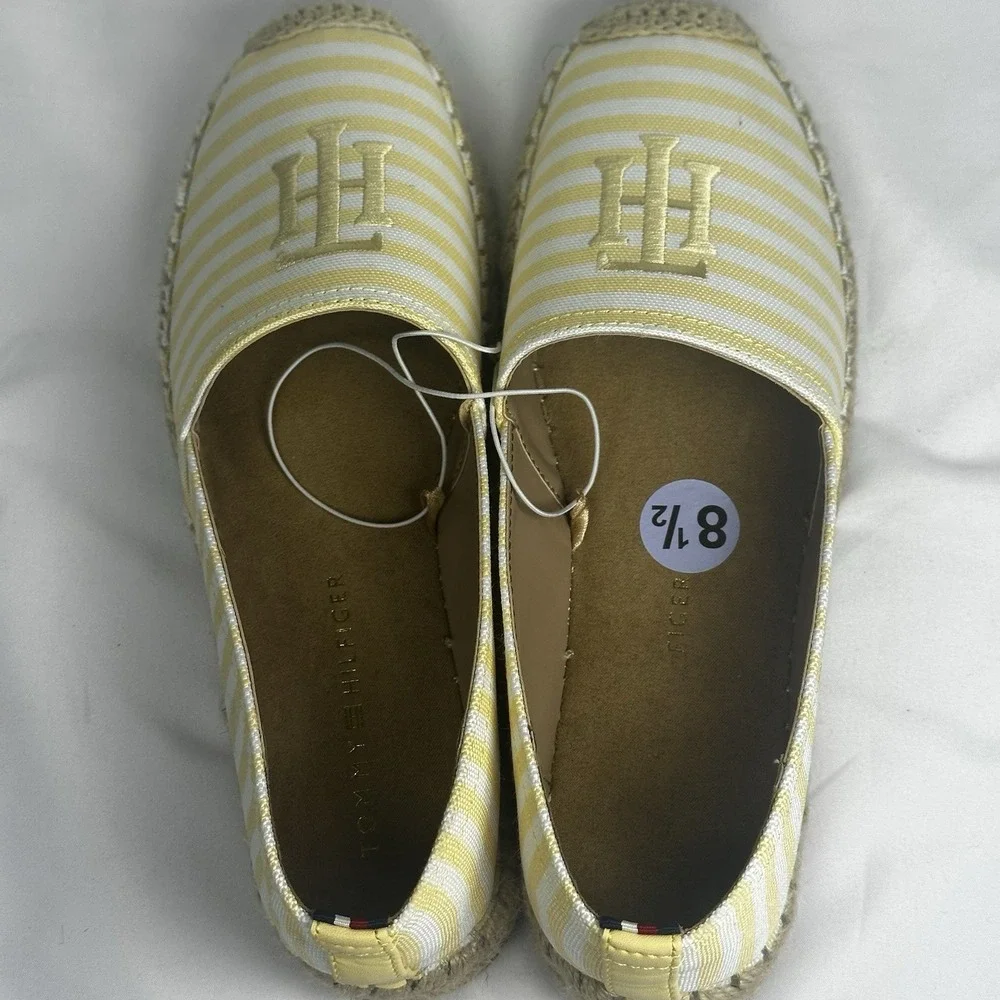 Tommy Hilfiger Pieke‎ Yellow White Striped Espadrille Flats Logo Slip On 8.5M